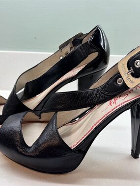 Miss Sixty Black Leather Cutout Open-Toe High Heels with Buckle